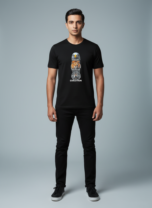 Cottrixs Premium Black Motivational T-Shirt – Focus Discipline Execution (Regular Fit)