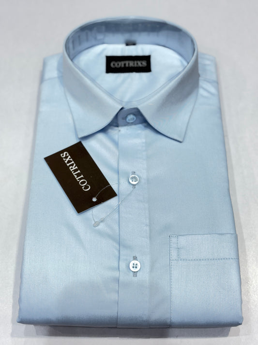 Cottrixs Men’s Light Blue Silk Cotton Shirt– Slim Fit, Full Sleeves, Premium Shine