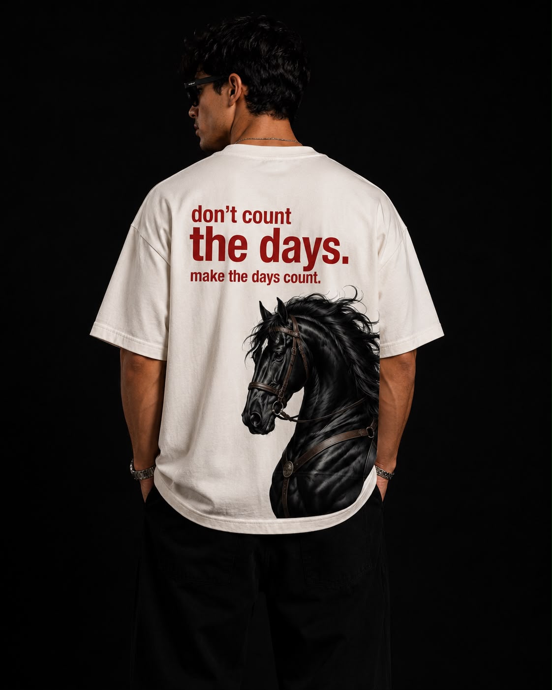 Off White Cotton Oversized Fit Horse Power Graphic T-Shirt for Men