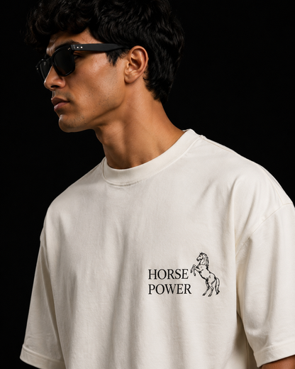 Off White Cotton Oversized Fit Horse Power Graphic T-Shirt for Men