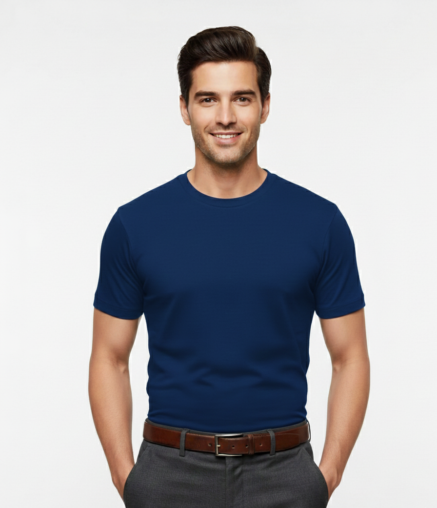 Cottrixs Men Solid Blue Cotton Blend Round Neck T-Shirt