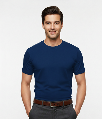 Cottrixs Men Solid Blue Cotton Blend Round Neck T-Shirt