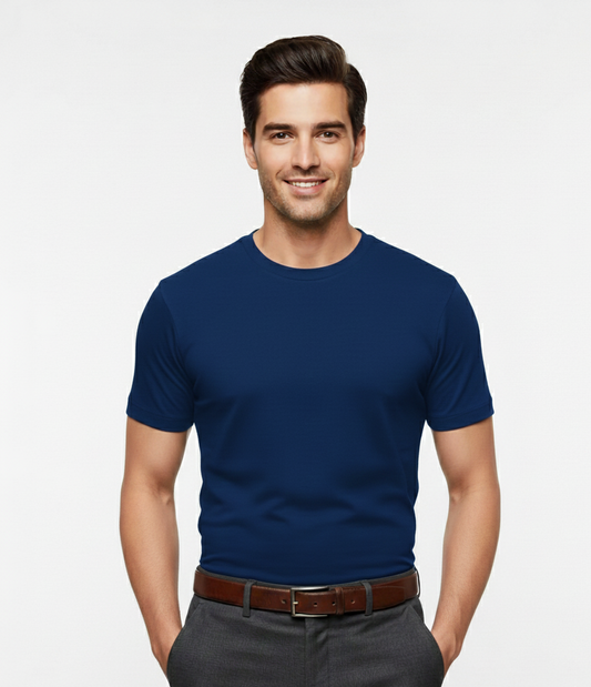 Cottrixs Men Solid Blue Cotton Blend Round Neck T-Shirt