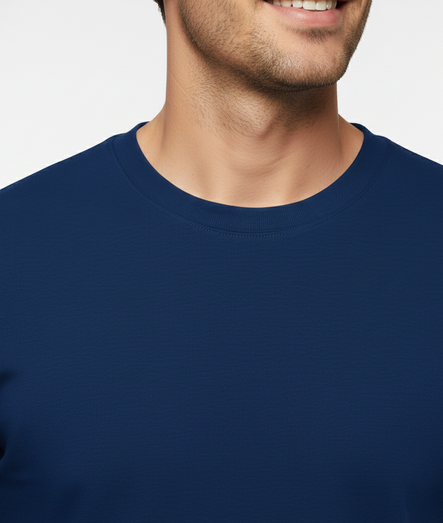 Cottrixs Men Solid Blue Cotton Blend Round Neck T-Shirt