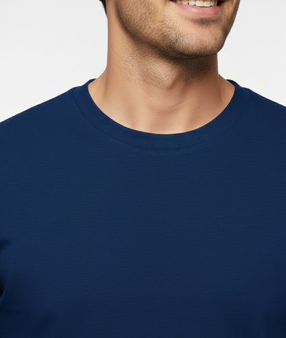 Cottrixs Men Solid Blue Cotton Blend Round Neck T-Shirt