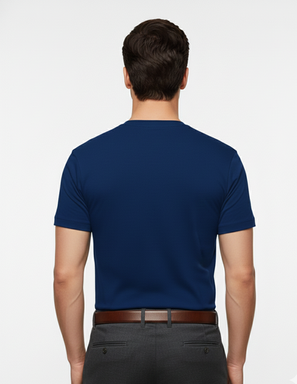 Cottrixs Men Solid Blue Cotton Blend Round Neck T-Shirt