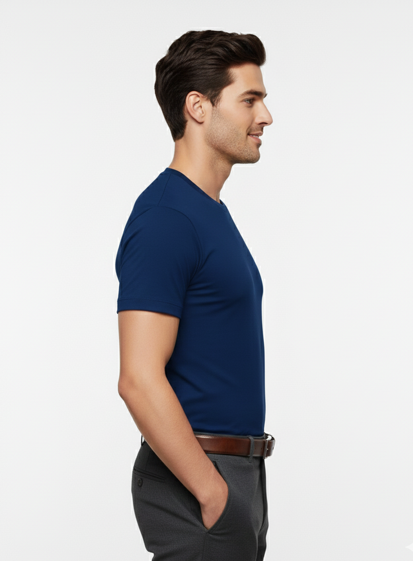 Cottrixs Men Solid Blue Cotton Blend Round Neck T-Shirt