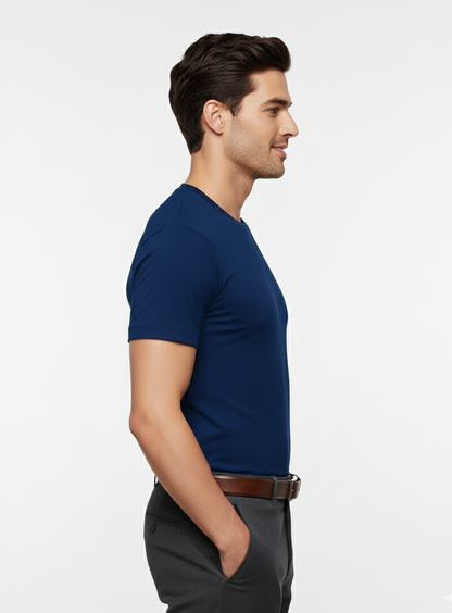 Cottrixs Men Solid Blue Cotton Blend Round Neck T-Shirt