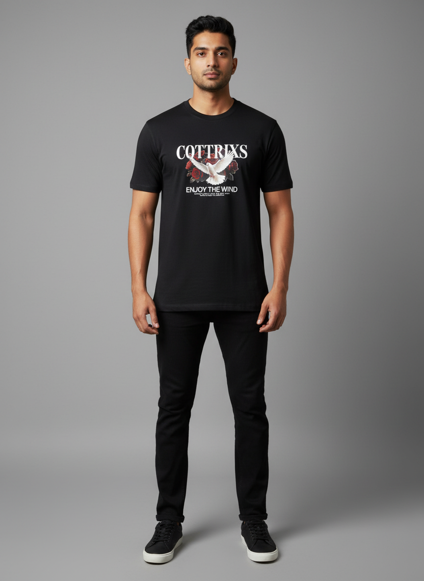 Cottrixs Men's Black Graphic T-Shirt – Dove & Roses "Enjoy The Wind" Premium Cotton T-shirt