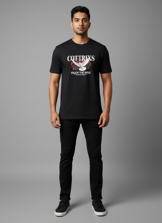 Cottrixs Men's Black Graphic T-Shirt – Dove & Roses "Enjoy The Wind" Premium Cotton T-shirt