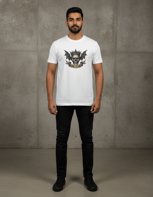 Cottrixs Men's White Graphic T-Shirt – “Born To Win” Skull Crown Design | Premium Cotton Streetwear Tee