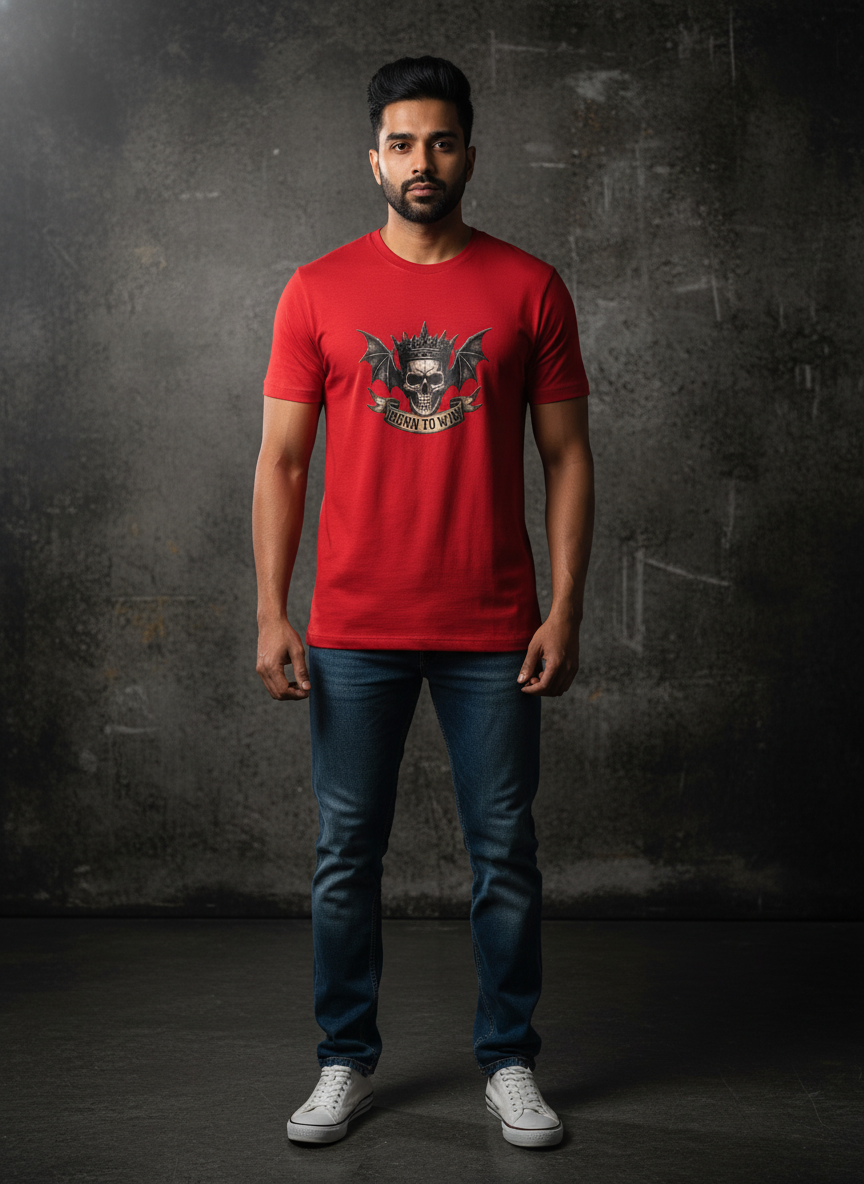 Cottrixs Men's Red Graphic T-Shirt – “Born To Win” Skull Crown Print | Premium Cotton Streetwear Tee