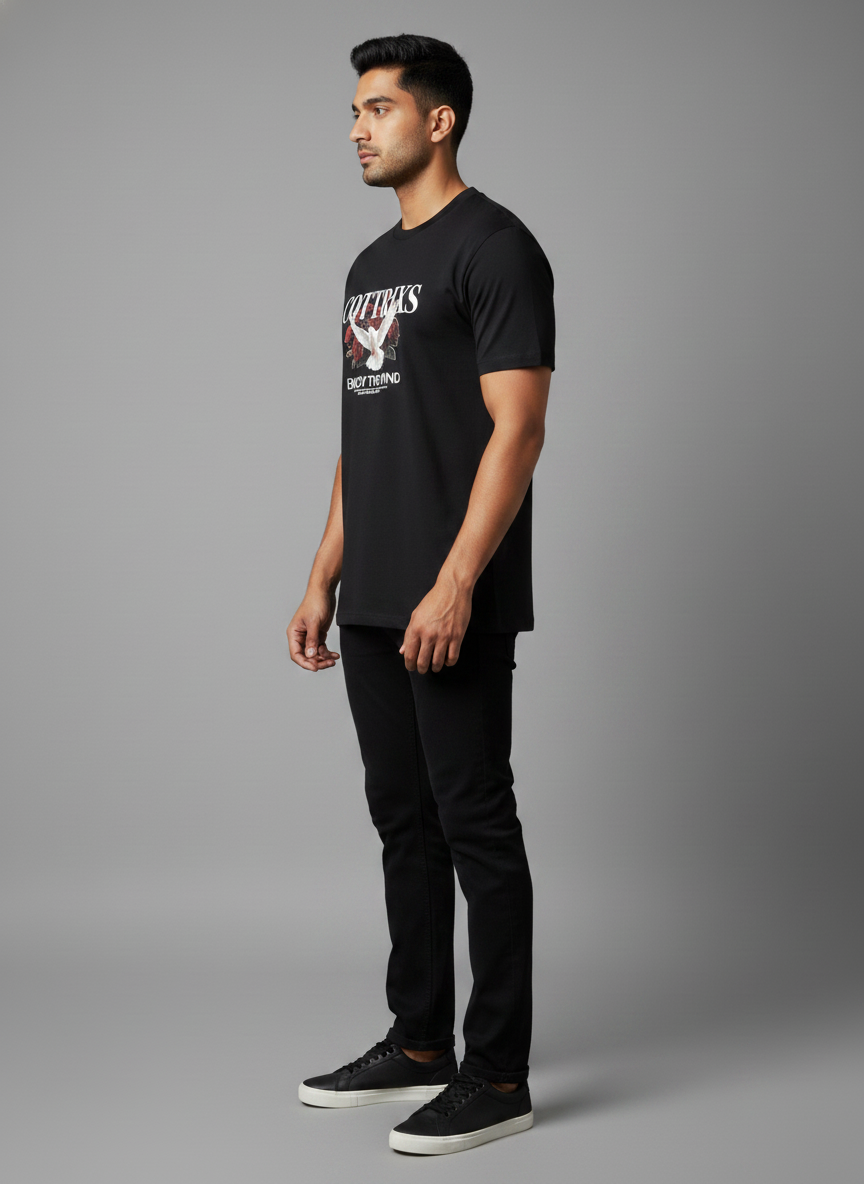 Cottrixs Men's Black Graphic T-Shirt – Dove & Roses "Enjoy The Wind" Premium Cotton T-shirt