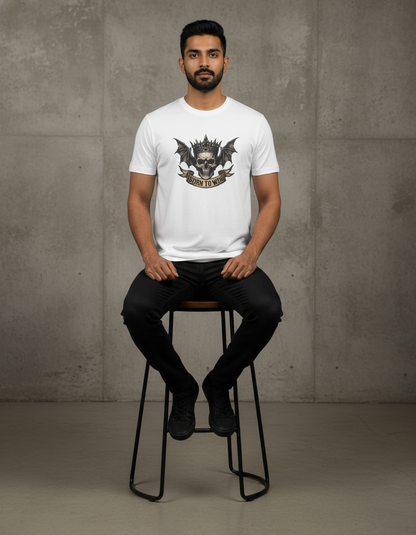Cottrixs Men's White Graphic T-Shirt – “Born To Win” Skull Crown Design | Premium Cotton Streetwear Tee