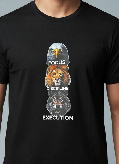 Cottrixs Premium Black Motivational T-Shirt – Focus Discipline Execution (Regular Fit)