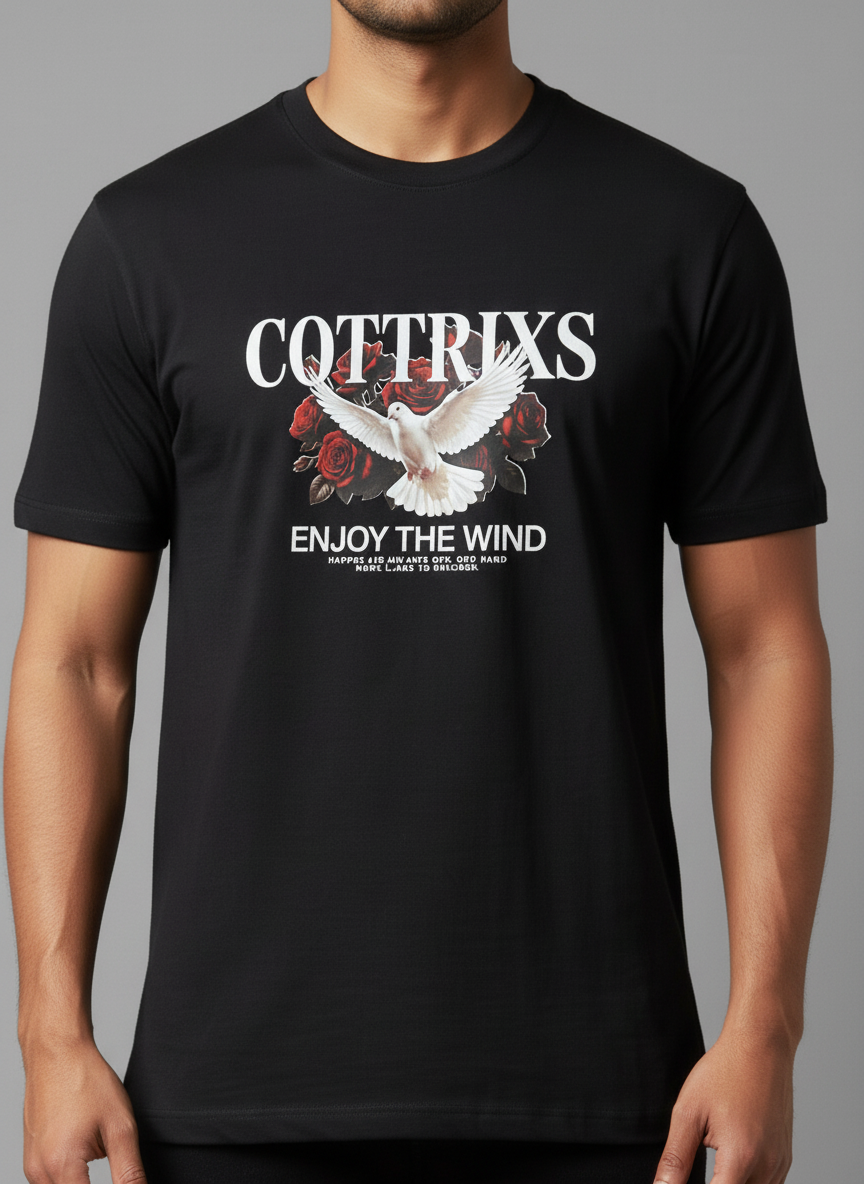Cottrixs Men's Black Graphic T-Shirt – Dove & Roses "Enjoy The Wind" Premium Cotton T-shirt