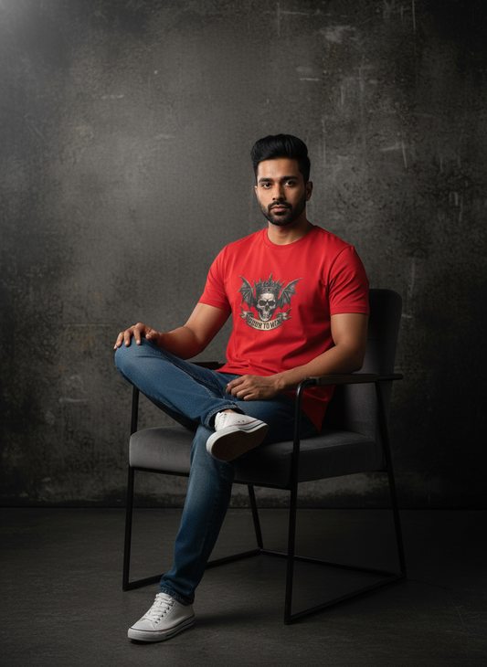 Cottrixs Men's Red Graphic T-Shirt – “Born To Win” Skull Crown Print | Premium Cotton Streetwear Tee