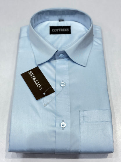 Cottrixs Men’s Light Blue Silk Cotton Shirt– Slim Fit, Full Sleeves, Premium Shine