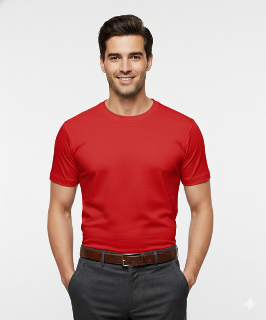 Cottrixs Men Solid Red Cotton Blend Round Neck T-Shirt