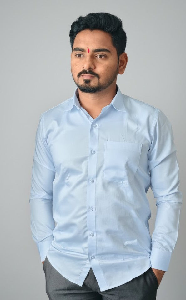 Cottrixs Men’s Light Blue Silk Cotton Shirt– Slim Fit, Full Sleeves, Premium Shine